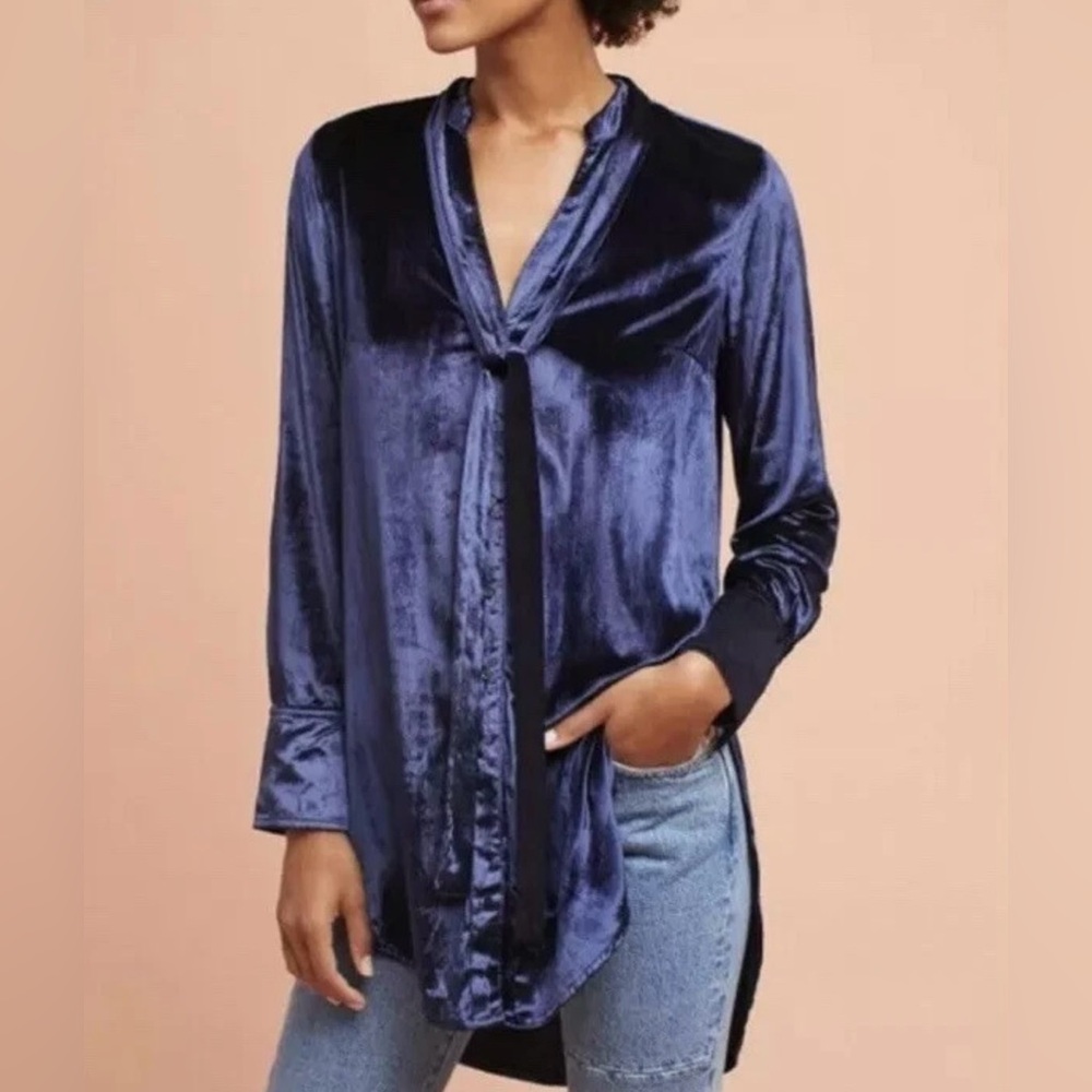 Anthropologie Maeve Women’s Navy Blue‎ Velvet Tie Neck Button Up Tunic Top Sz 4